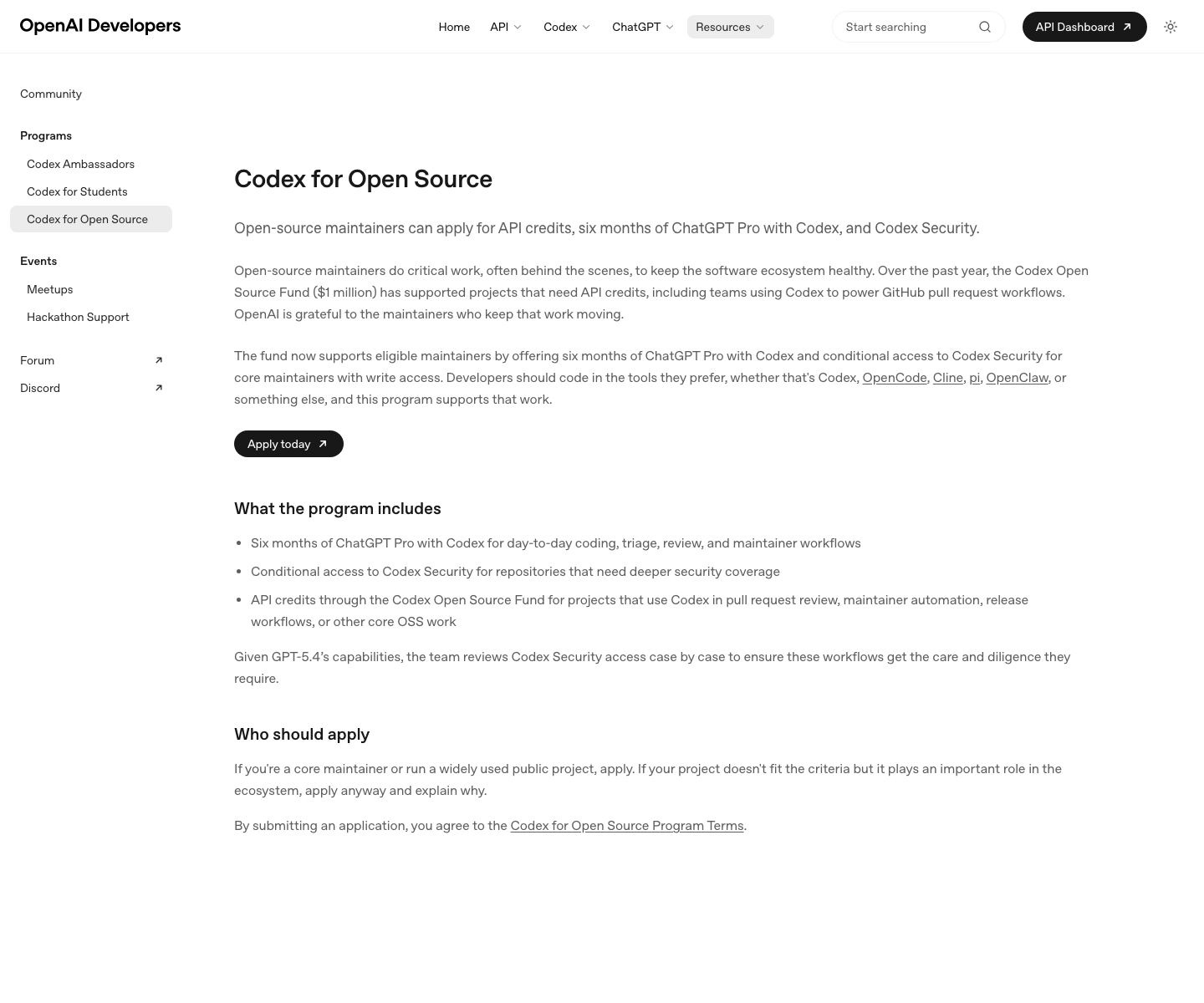 OpenAI Developers Codex for Open Source 官方页面截图